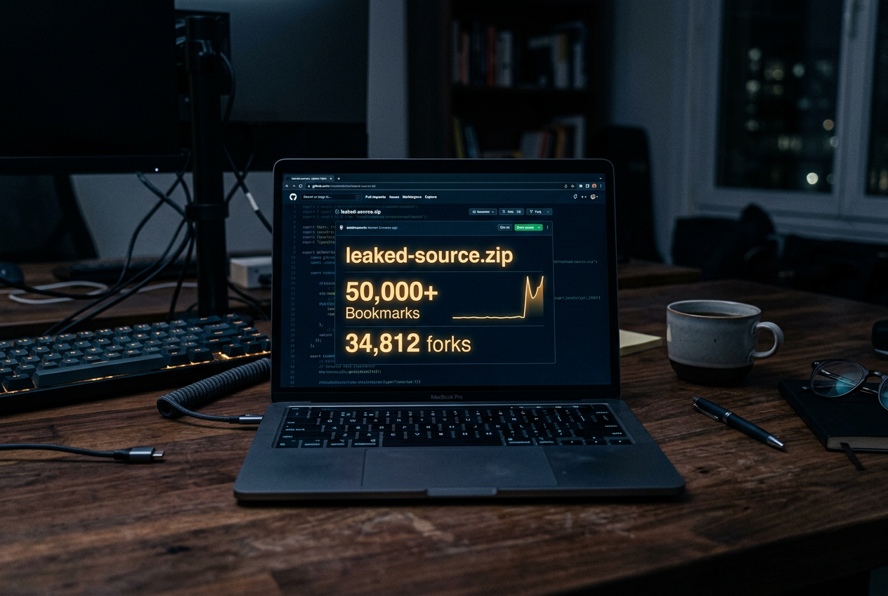 A laptop screen showing a leaked source repository with over 50,000 bookmarks accrued in two hours