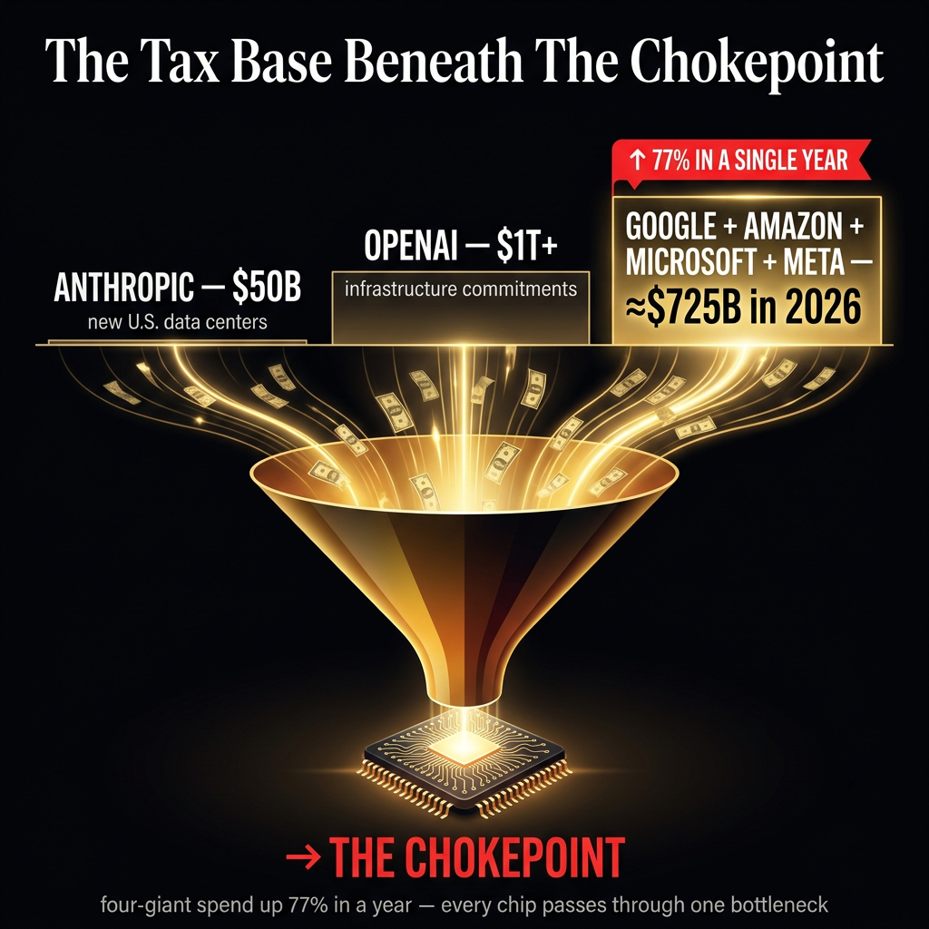 The tax base beneath the chokepoint — $50B Anthropic, $1T+ OpenAI, $725B four giants funneling to one chip